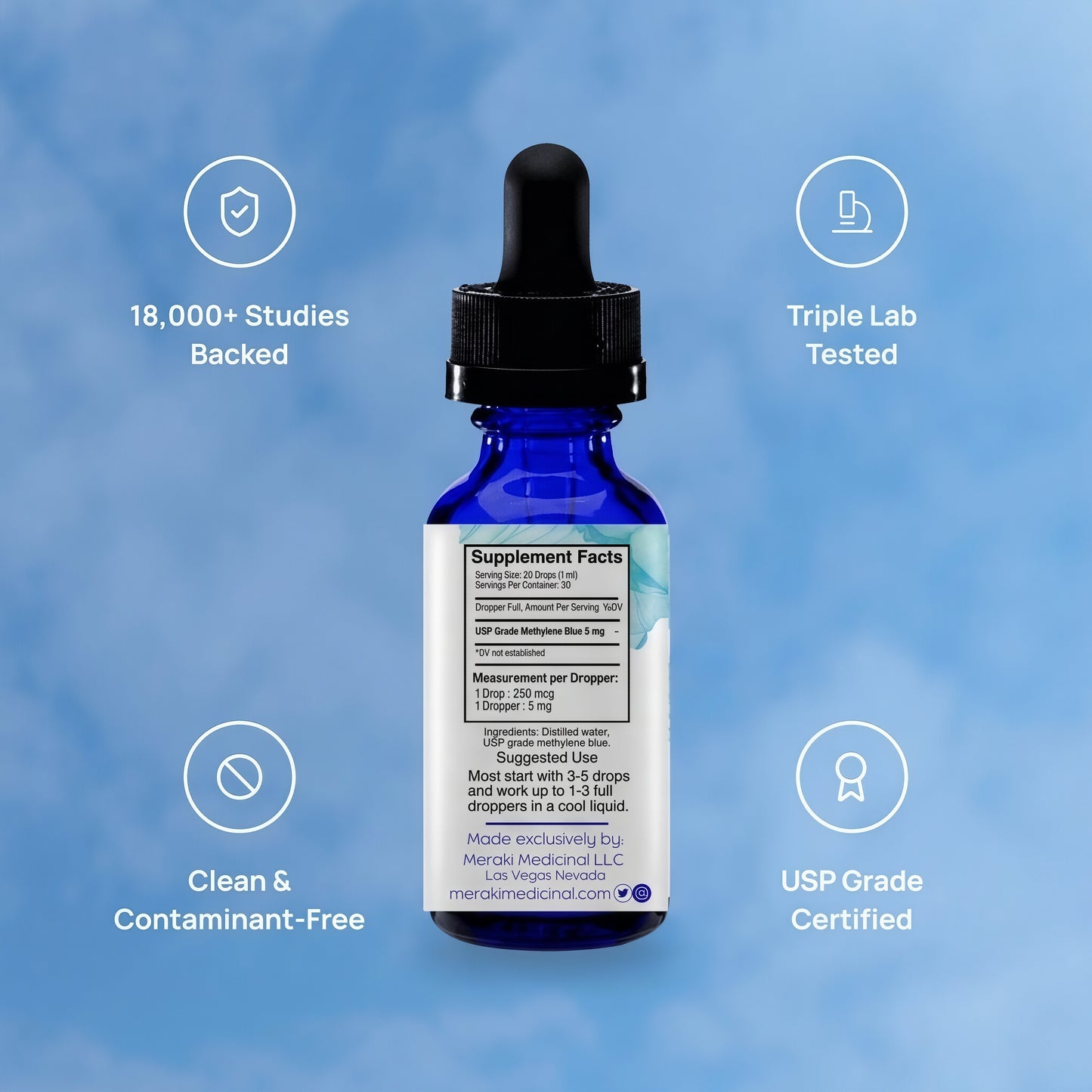 Meraki Blu USP Grade Methylene Blue Solution – Third-Party Tested 1% Liquid Formula, High Purity Blue Formula, 30ml Glass Dropper Bottle
